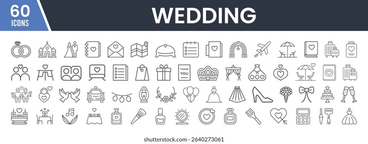 Set of 60 Line Icons Related to Wedding, Marriage, Bride and Groom, Rings, Ceremony, Invitations, Cake, Decorations, Love, Editable Stroke. Vector Illustration