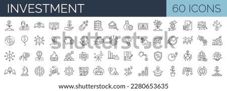 Set of 60 line icons related to investment, investor, risk management, economy, financial gain, money, coins symbols. Outline icon collection. Editable stroke. Vector illustration Imagine de stoc © 