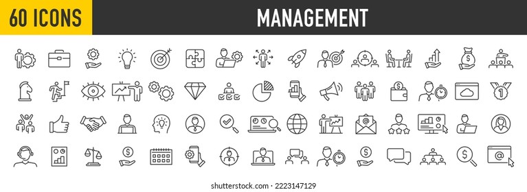 Set of 60 Management web icons in line style. Media, teamwork, business, planning, strategy, marketing collection. Vector illustration.