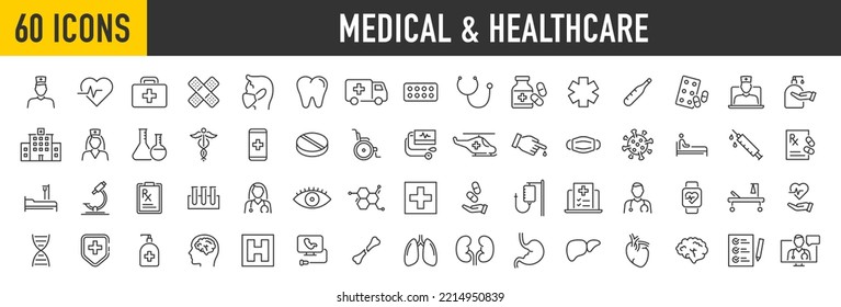 Set of 60 Medical and Healthcare web icons in line style. Medicine, RX, doctor, virus, testing, lab, scientific discovery, infographic collection. Vector illustration.	