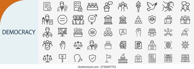 Set of 60 minimalist outline democracy and human rights icons for government election website, political campaign app and social justice movement presentation design
