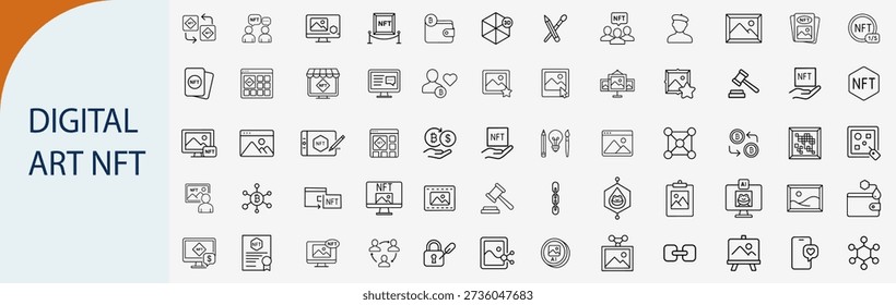 Set of 60 minimalist outline digital art and NFT icons for cryptocurrency marketplace, blockchain technology projects, and virtual asset trading platform design
