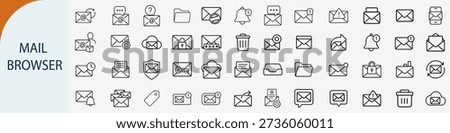 Set of 60 minimalist outline mail and browser icons for email marketing software interface, newsletter subscription service and digital communication app design
