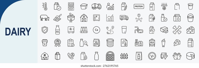 Set of 60 Modern Outline Dairy Icons and Milk Production Illustrations for Dairy Farming Healthy Nutrition and Food Industry Design