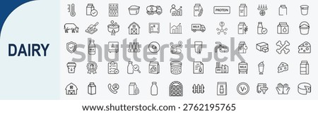 Set of 60 Modern Outline Dairy Icons and Milk Production Illustrations for Dairy Farming Healthy Nutrition and Food Industry Design