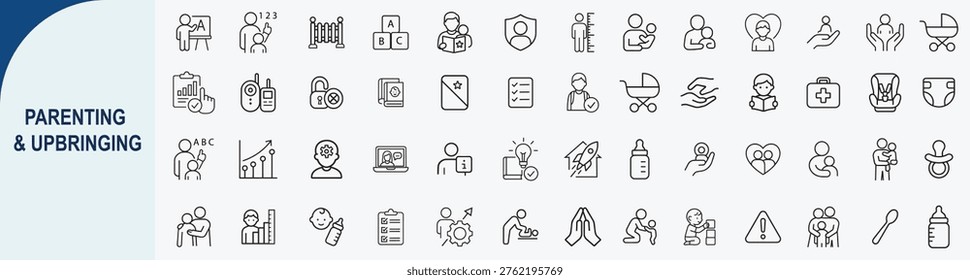 Set of 60 Modern Outline Parenting Icons and Child Upbringing Illustrations for Family Care Early Education and Motherhood Lifestyle Design
