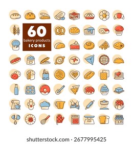 A set of 60 modern vector icons for bakery, cooking, and kitchen. Includes outline symbols for bread, pastry, tools, and ingredients. Perfect for branding, apps, and web design.