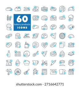 A set of 60 modern vector icons for bakery, cooking, and kitchen. Includes outline symbols for bread, pastry, tools, and ingredients. Perfect for branding, apps, and web design.