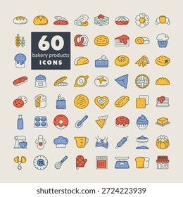 Un conjunto de 60 iconos vectoriales modernos para panadería, cocina y cocina. Incluye símbolos de contorno para pan, pastelería, herramientas e ingredientes. Perfecto para la marca, los App y el Diseño web.