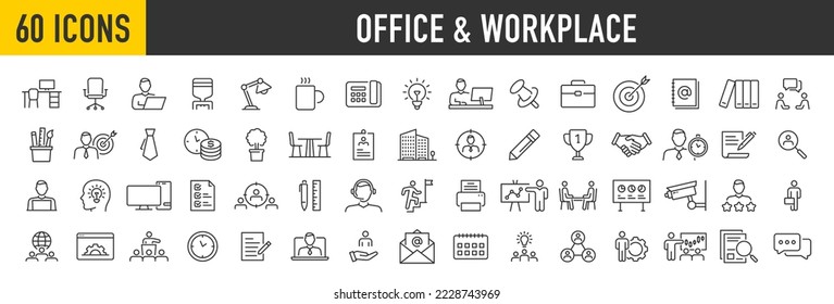 Set of 60 Office and Workplace web icons in line style. Employe, conference, project, document, business, work, support, contact us, productivity strategy, collection. Vector illustration.