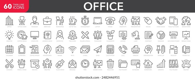 Conjunto de 60 iconos web de Office y Workplace en estilo de línea. Empleado, conferencia, proyecto, documento, negocio, trabajo, Asistencia, contáctenos, estrategia de productividad, colección. Ilustración vectorial.