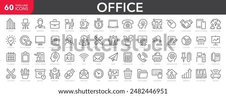 Set of 60 Office and Workplace web icons in line style. Employee, conference, project, document, business, work, support, contact us, productivity strategy, collection. Vector illustration.