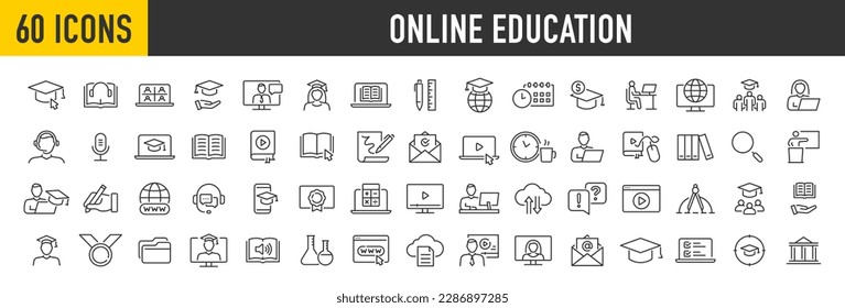 Set 60 Online Education   E  learning web icon set in line style  E  book  video tutorial  mentor  distance learning  video   audio courses  collection  Vector illustration 