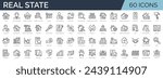 Set of 60 outline icons related to real estate. Linear icon collection. Editable stroke. Vector illustration