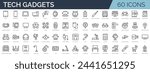 Set of 60 outline icons related to tech gadgets. Linear icon collection. Editable stroke. Vector illustration