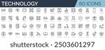 Set of 60 outline icons related to technology. Linear icon collection. Editable stroke. Vector illustration