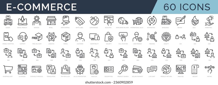 Set of 60 outline icons related to e-commerce. Linear icon collection. Editable stroke. Vector illustration