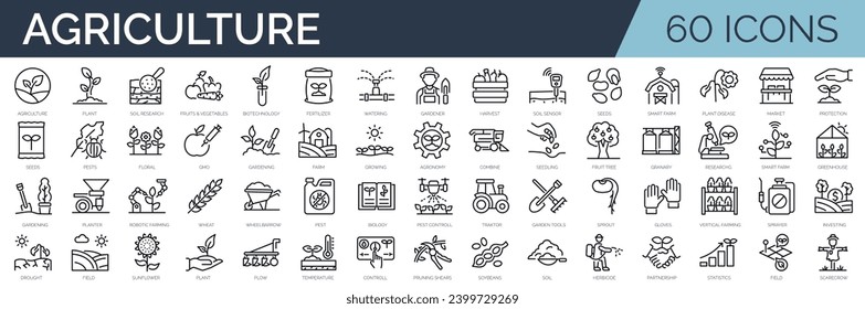 Set of 60 outline icons related to agriculture. Linear icon collection. Editable stroke. Vector illustration