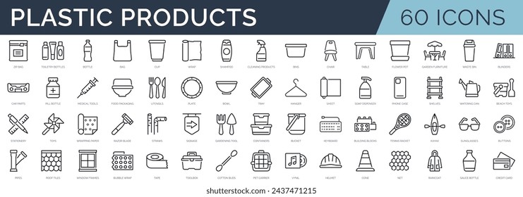 Conjunto de 60 iconos de contorno relacionados con productos de plástico. Colección de iconos lineales. Trazo editable. Ilustración de vector