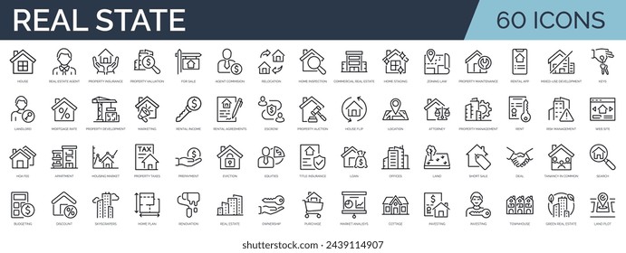 Set of 60 outline icons related to real estate. Linear icon collection. Editable stroke. Vector illustration