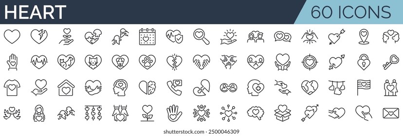 Conjunto de 60 iconos de contorno relacionados con el corazón. Colección de iconos lineales. Trazo editable. Ilustración vectorial