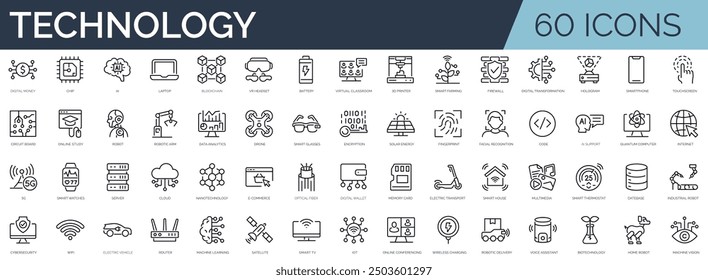 Set of 60 outline icons related to technology. Linear icon collection. Editable stroke. Vector illustration