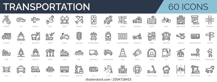 Set of 60 outline icons related to transportation. Linear icon collection. Editable stroke. Vector illustration