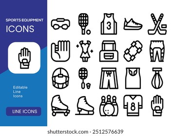 Set of 60 outline icons related to sport equipment. Linear icon collection. Editable stroke. Vector illustration