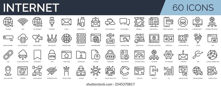 Conjunto de 60 ícones de estrutura de tópicos relacionados à Internet. Coleção de ícones linear. Traçado editável. Ilustração vetorial	