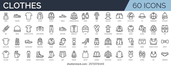 Set of 60 outline icons related to clothes. Linear icon collection. Editable stroke. Vector illustration	