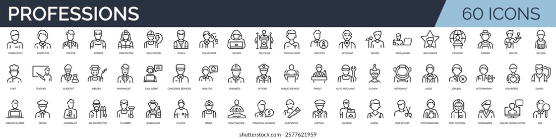 Set of 60 outline icons related to professions.  Linear icon collection. Editable stroke. Vector illustration	