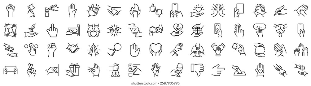 Set of 60 outline icons related to hands. Linear icon collection. Editable stroke. Vector illustration