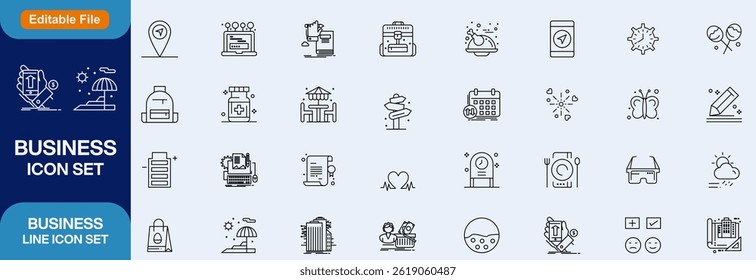 Set of 60 outline icons related to business. Linear icon collection. Editable stroke. Vector illustration