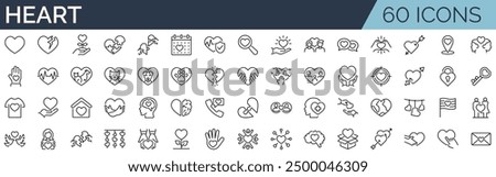 Set of 60 outline icons related to heart. Linear icon collection. Editable stroke. Vector illustration