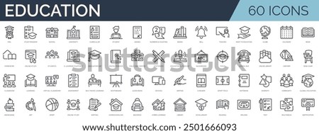 Set of 60 outline icons related to education. Linear icon collection. Editable stroke. Vector illustration