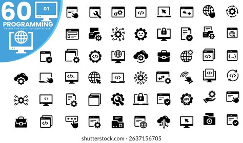  Set of 60 Programming and coding icon in line style. Developer icons for web and mobile app. Code, api, programmer coding, app, flow, node connect, web coder, bug fix and more. Vector illustration