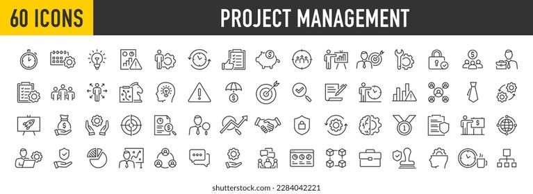 Set of 60 Project Management web icons in line style. Schedule, human resource, management, development, planning, strategy, collection. Vector illustration. - Shutterstock ID 2284042221