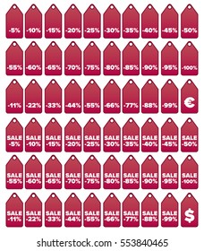 Set of 60 sale price vector tags / icons. Vertically oriented. Contain multiples of five, doubles and variation with word 'sale.' Grouped, ready for quick, immediate use. Red color.