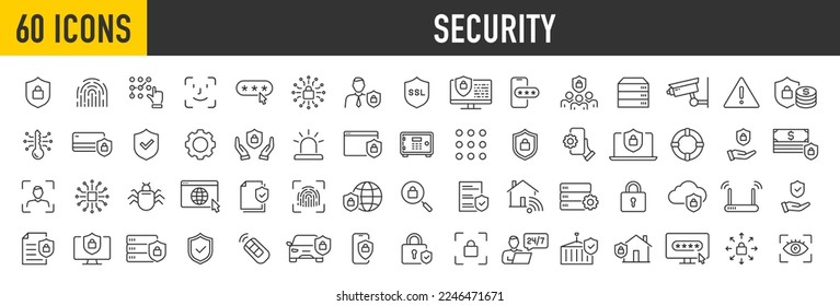 Set of 60 Security web icons in line style. Guard, cyber security, password, smart home, safety, data protection, key, shield, lock, unlock, eye access. Vector illustration.