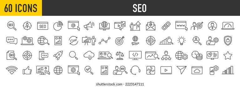 Conjunto de 60 iconos web SEO en estilo de línea. Contacto, destino, negocio y marketing, tráfico, clasificación, optimización, colección de sitios web. Ilustración vectorial.