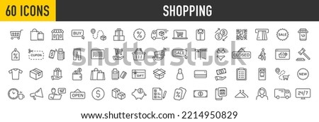 Set of 60 Shopping web icons in line style. Online shop, digital marketing, delivery, coupon, discount, bank card, gift, shop collection. Vector illustration.	