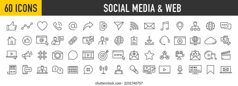 Conjunto de 60 íconos de redes sociales e iconos web en línea. Análisis de datos, blogueo, seo, marketing digital, gestión, mensaje, teléfono, colección. Ilustración vectorial.