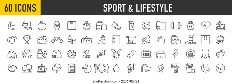 Set of 60 Sport and lifestyle web icons in line style. Fitness, entertainment, healthy food, gym, training, workout, muscle, nutrition and dieting, collection. Vector illustration.