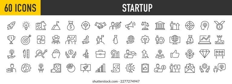 Set of 60 Startup web icons in line style. Business, Creative, idea, marketing, target, developement, collection. Vector illustration.