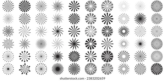 Set of 60 sunburst element.  Radiating, radial lines. Starburst, sunburst shape. Converging ray, beam lines merging at center. Geometric circular element.  Vector design element.