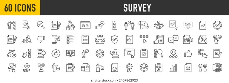 Conjunto de 60 iconos web Survey en estilo de línea. Opiniones, reorganización, comentarios, examen, colección. Ilustración vectorial.	