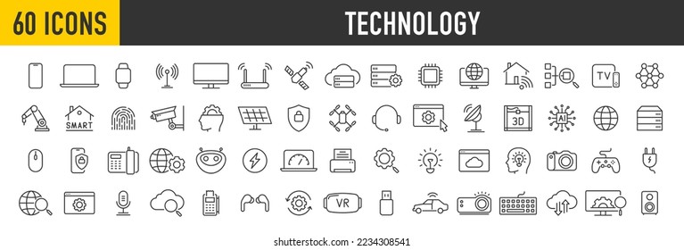 Set of 60 Technology web icons in line style. Computing, social network, management, internet, network, programming, Internet connection collection. Vector illustration.