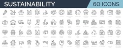 Set Of 60 Thin Line Icons Related To Sustainability, Environmental, Ecological, Recyling, Green, Organic, Industry. Linear Ecology Simple Symbol Collection.  Vector Illustration. Editable Stroke