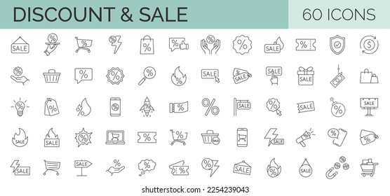 Set of 60 thin line vector icons related to discount, sale, black friday, promotion. 