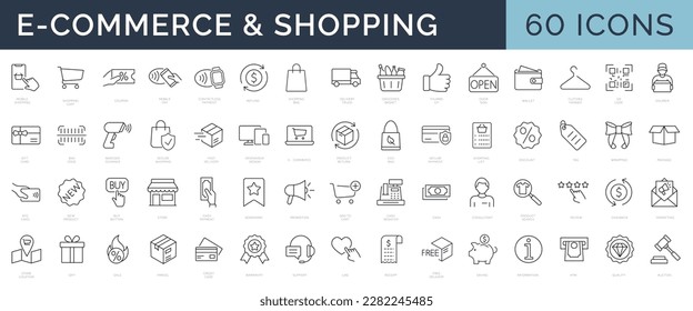 Conjunto de 60 iconos web de líneas delgadas - Comercio electrónico, compras
Entrega, Tienda, Marketing, Dinero. Ilustración vectorial. Trazo editable